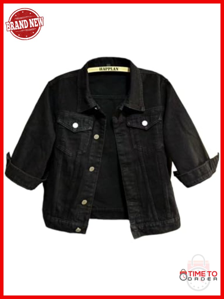 Cropped Denim Jacket 3/4 Sleeve Lapel Button Down Trucker Jean Jacket